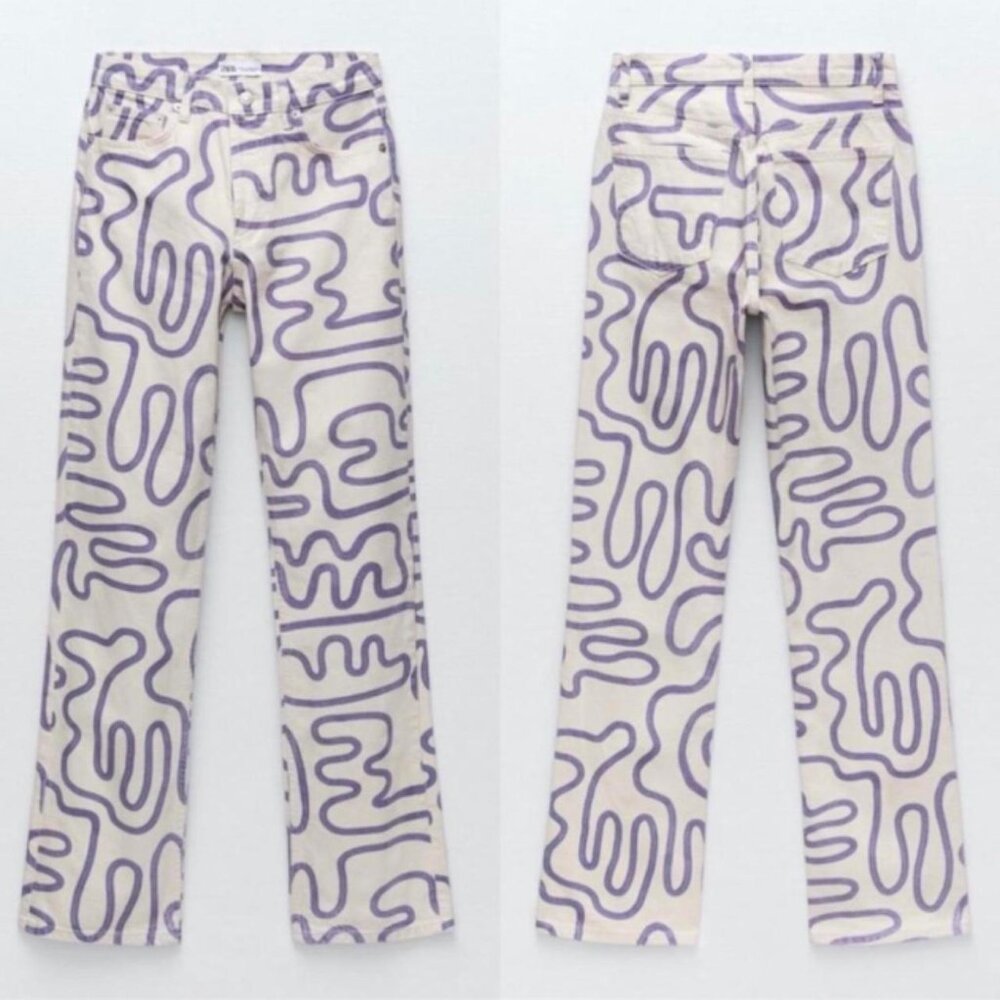 zara jeans abstract graffiti squiffle funky print straight leg sz 4 button fly